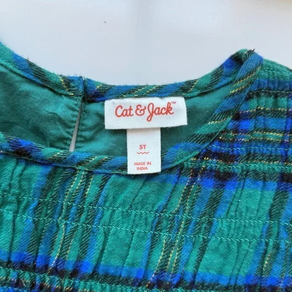 Cat & Jack Green & Blue Plaid Smocked Short Sleeve Dress Girls Size 5T NWOT - Picture 7 of 8